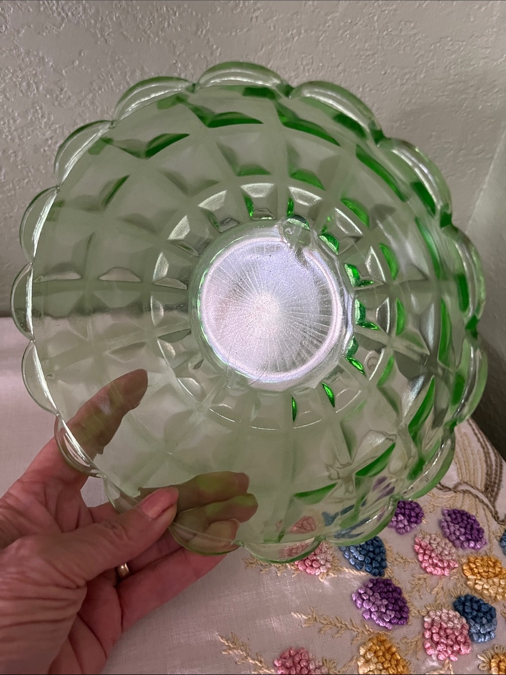 Vintage Jeannette Glass Cubist Green Depression Glass Serving Bowl